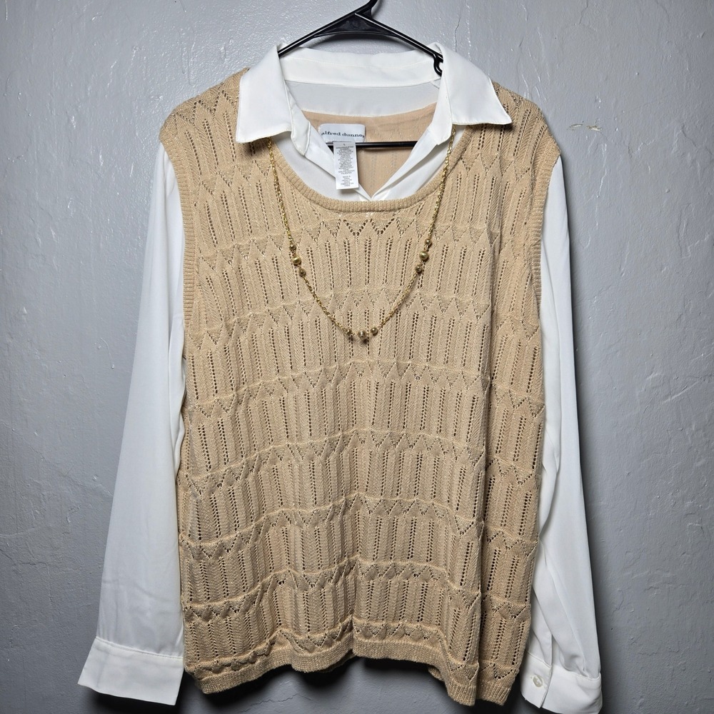 Alfred Dunner 2-in-1 Pointelle Knit Sweater Shirt Cashew Beige Preppy Large